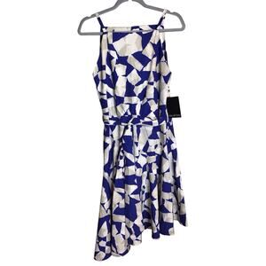 Halston Women  Sleeveless Printed Dress With Angled Hem Sz. Sm NWT Blue Designer